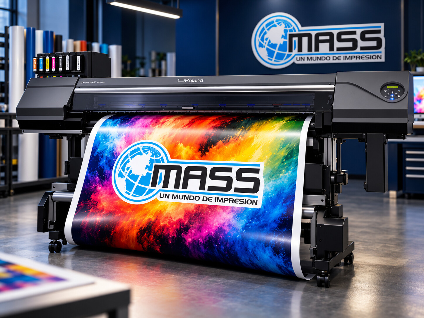 Plotter Roland TrueVIS MG-640 imprimiendo gráficos de gran formato para Mass Impresión